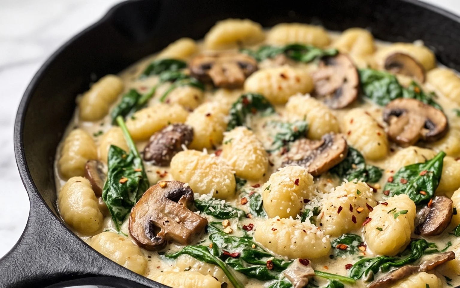 Gnocchi crémeux épinards champignons: poêle, min